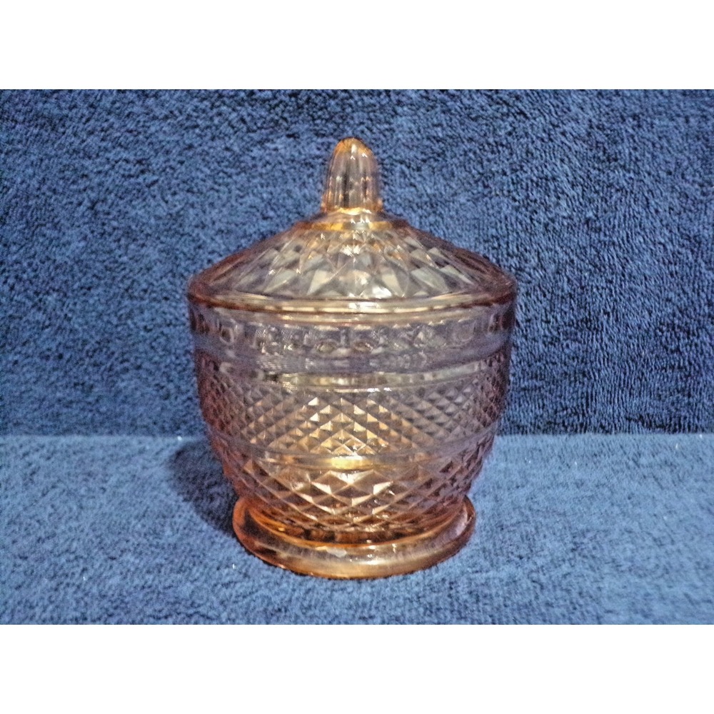 Vintage Indonesia Pink Depression Glass Diamond Cut Candy Jar w/Lid 4" Round